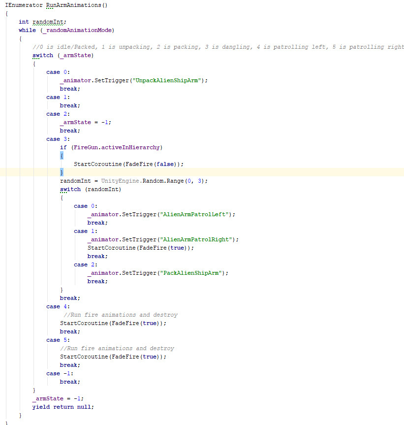 Code to determine animation sequences for the Alien ship arm